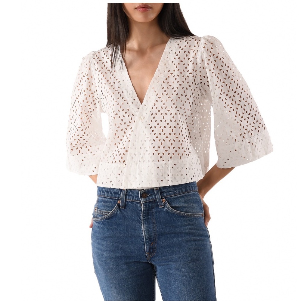 CISSA The Lady Shirt Natural Eyelet V-Neck Bell Sleeve Cotton Blouse Small NEW